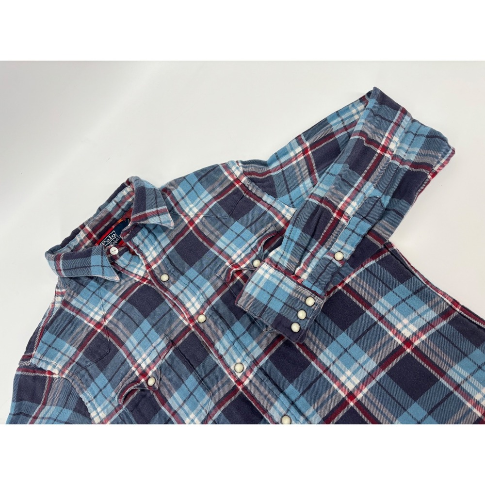 Polo Ralph Lauren Mens Blue Red Plaid Flannel Western Snap Button Shirt Medium